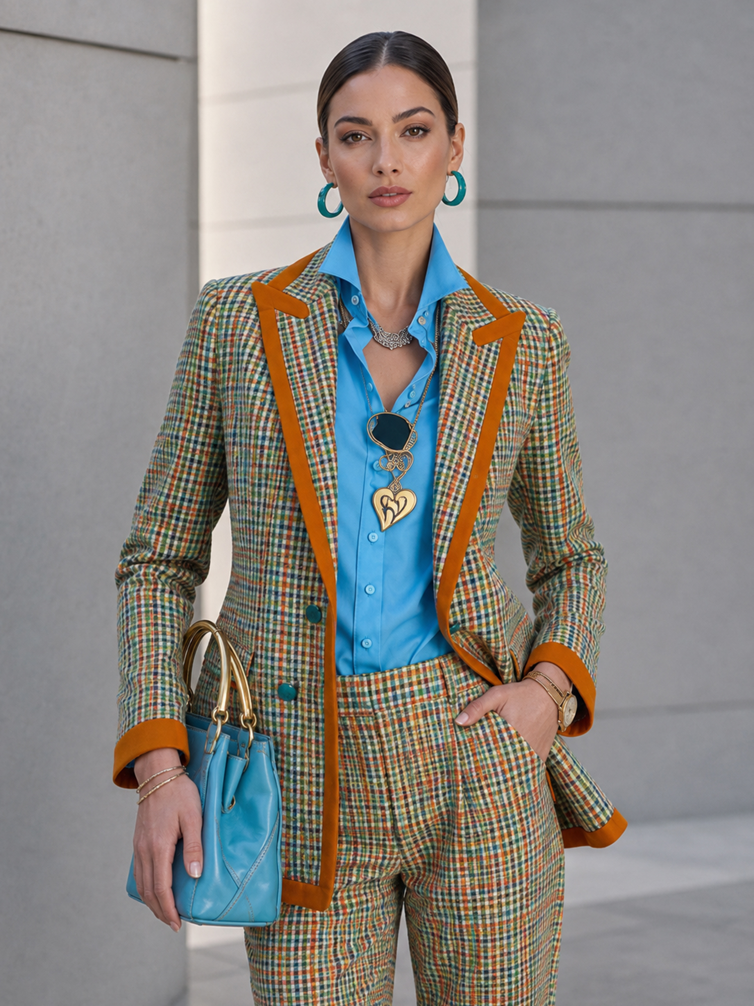 Colorful Plaid Contrast‑Trim Blazer And Cropped Cuffed Pants 2‑Piece Suit