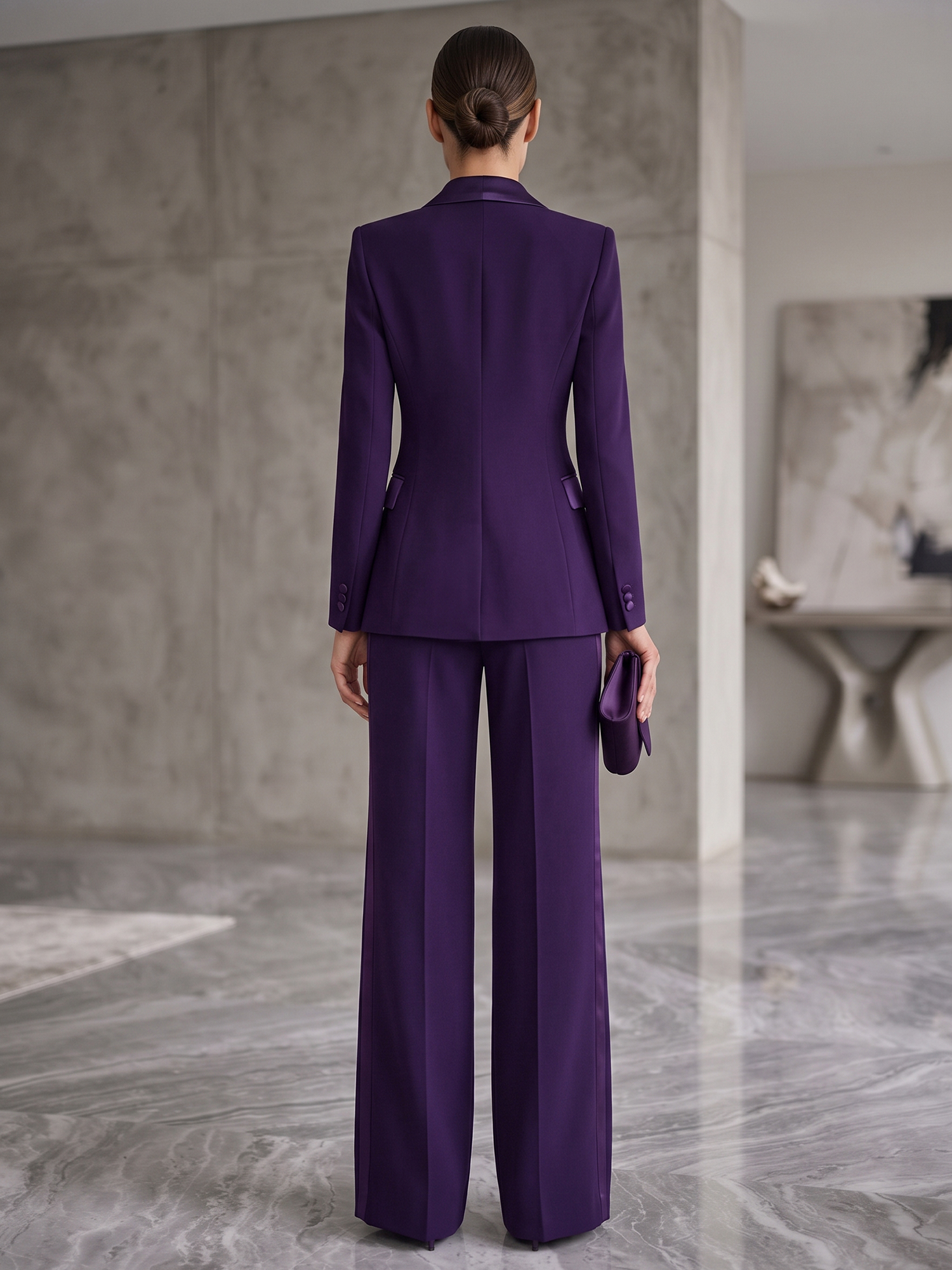 Deep Purple Satin Lapel Single‑Button Blazer & Side‑Stripe Wide‑Leg Pants 2‑Piece Suit