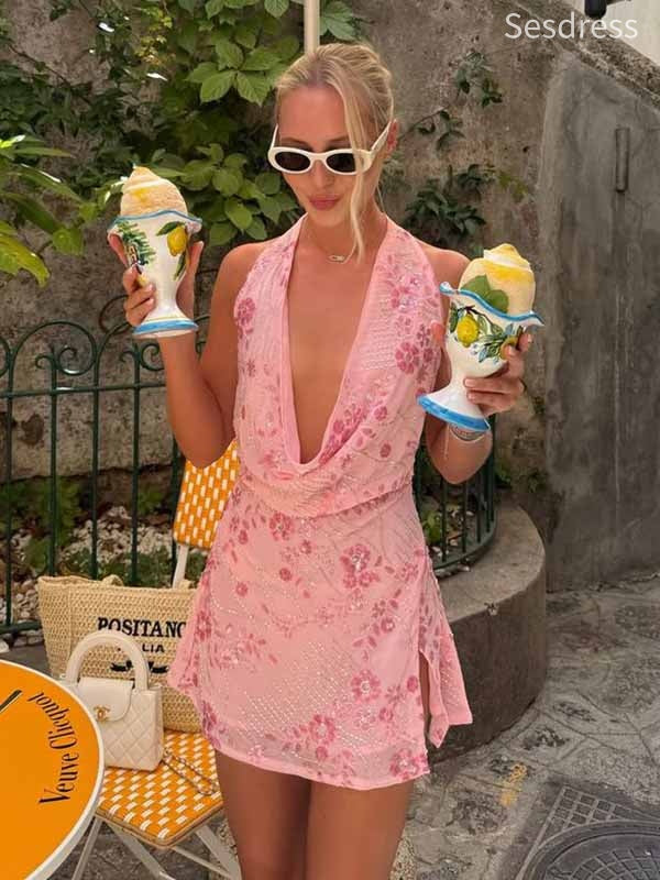 Gorgeous Pink Lace Appliques Halter V-neck Side Slit A-line Short Mini Dress Homecoming Dress