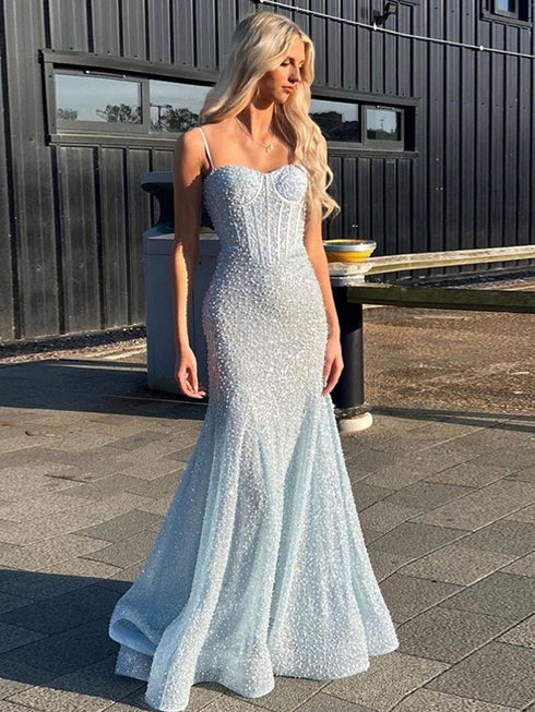 Light Blue parky Sequins Spaghetti Straps Mermaid Prom Dress 