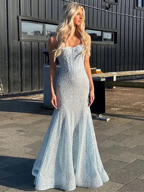 Light Blue parky Sequins Spaghetti Straps Mermaid Prom Dress 