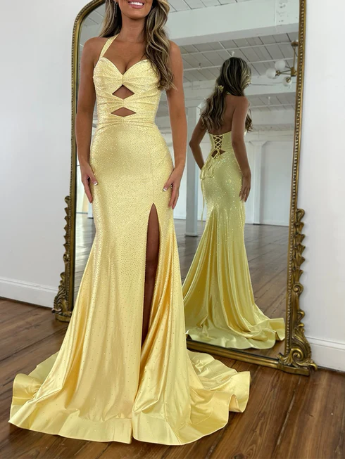 Light Blue Sparky Sequins Halter Neck Mermaid Prom Gown with Train