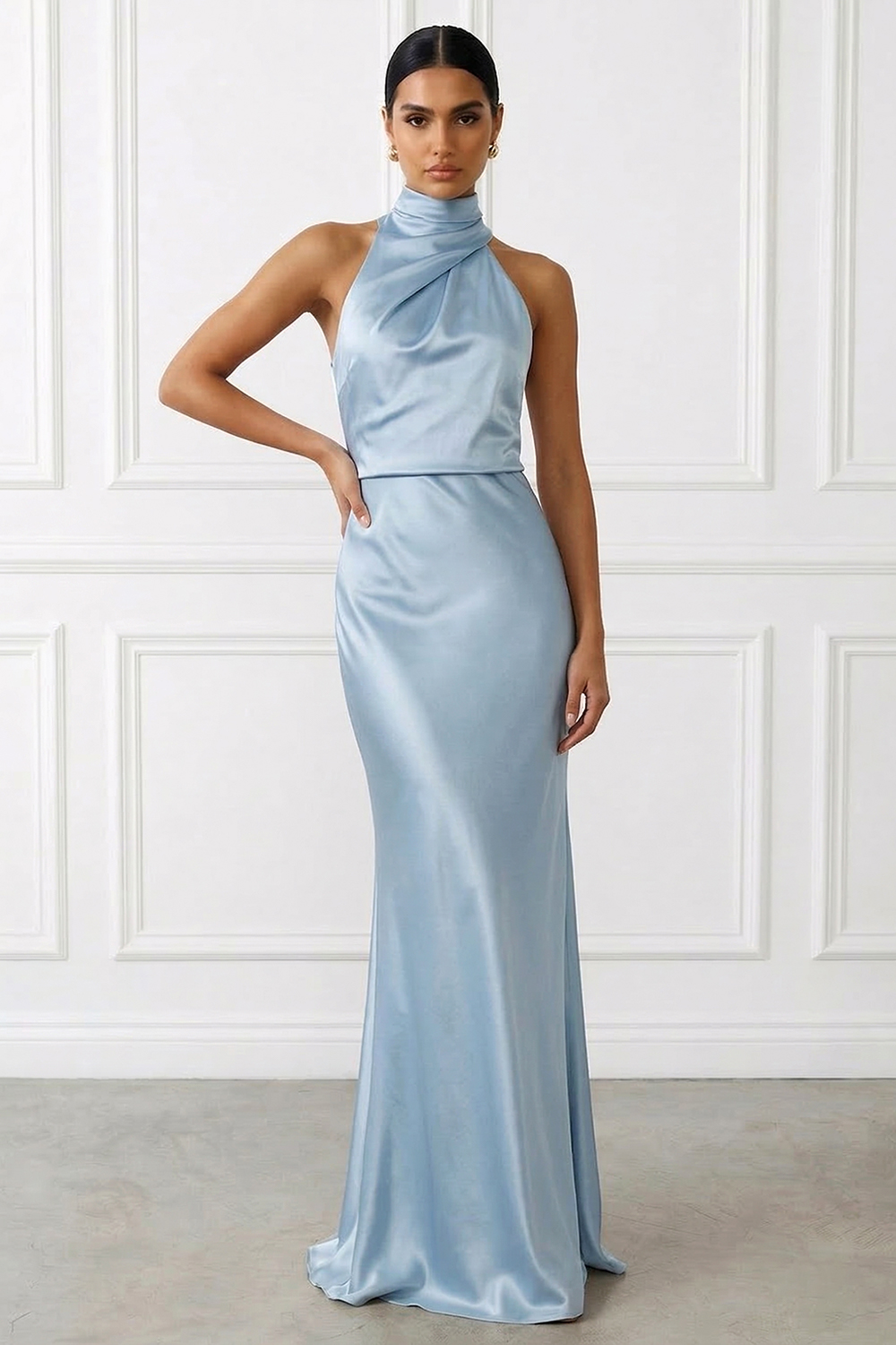 Sky Blue Formal Evening Dress High Neck Satin Maxi Dress