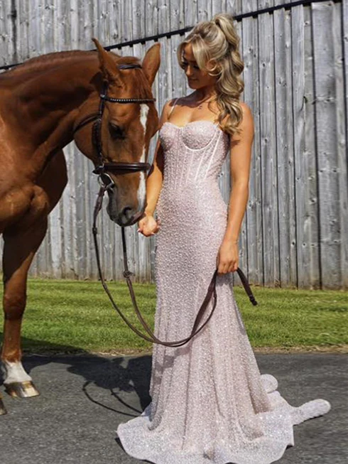 Light Blue parky Sequins Spaghetti Straps Mermaid Prom Dress 