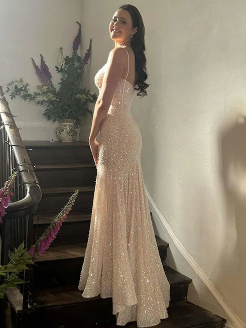 Light Blue parky Sequins Spaghetti Straps Mermaid Prom Dress 