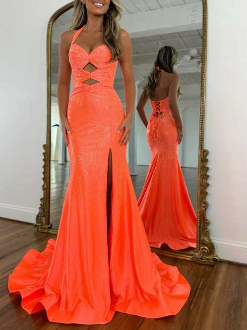 Light Blue Sparky Sequins Halter Neck Mermaid Prom Gown with Train