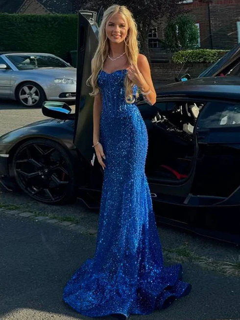 Pink Sparky Sequins Spaghetti Straps Mermaid Prom Dress 