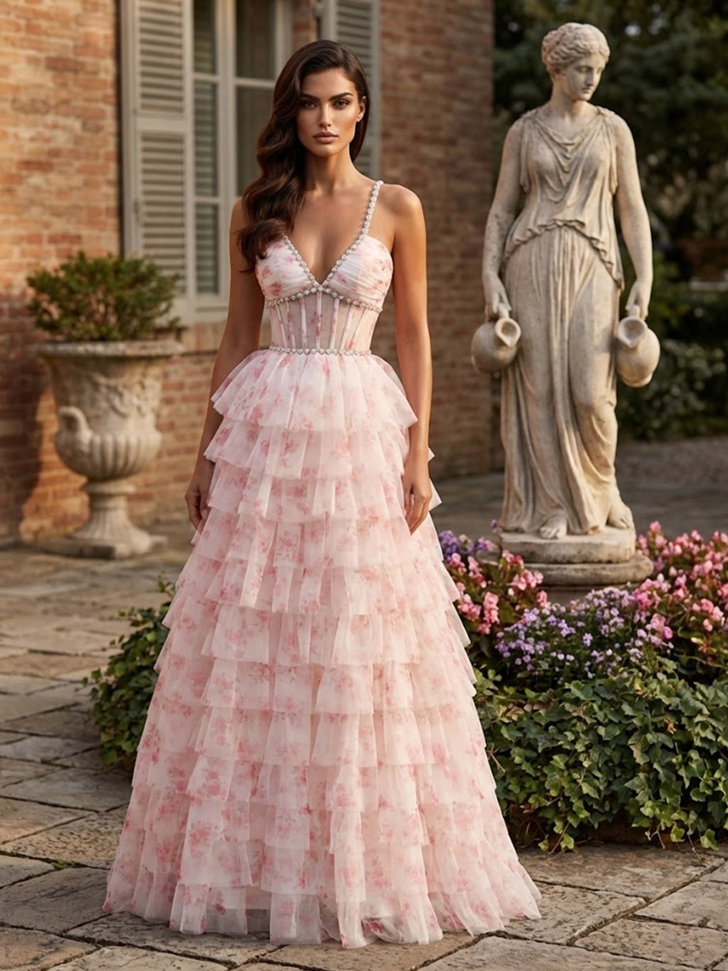 Tiered Floral Prom Dresses for Teens V Neck Bead A Line Sweet 16 Dress