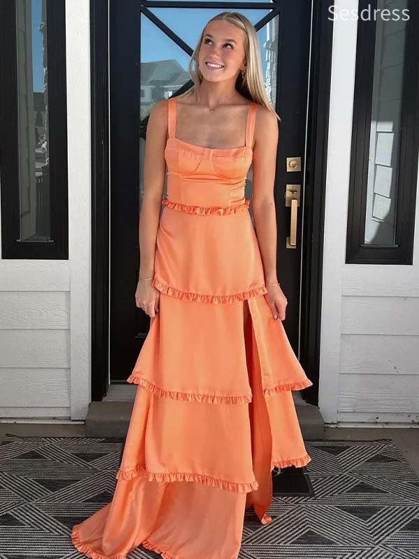 Simple Orange Square Straps Decorative Lace Side Slit A-line Wedding Guest Dress,Prom Dress