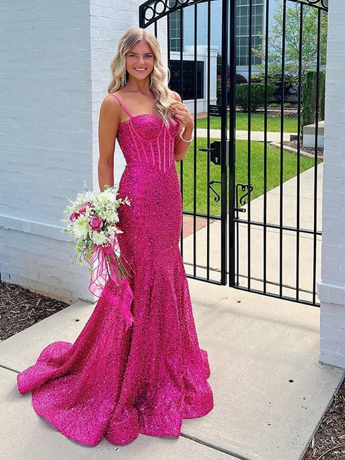 Pink Sparky Sequins Spaghetti Straps Mermaid Prom Dress 