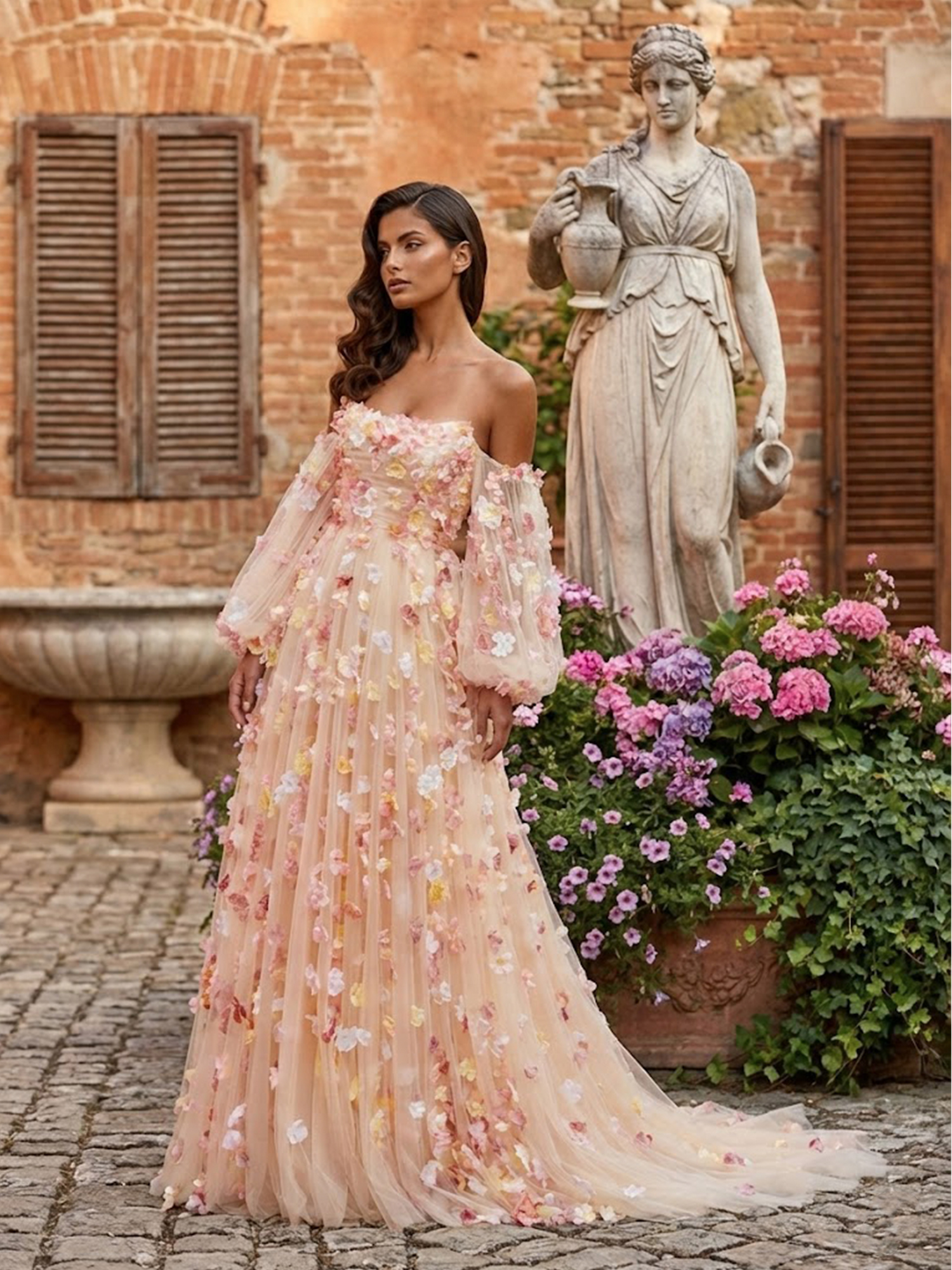 3D Flower Prom Dresses for Teens Puff Sleeves Spring Wedding Guest Dress