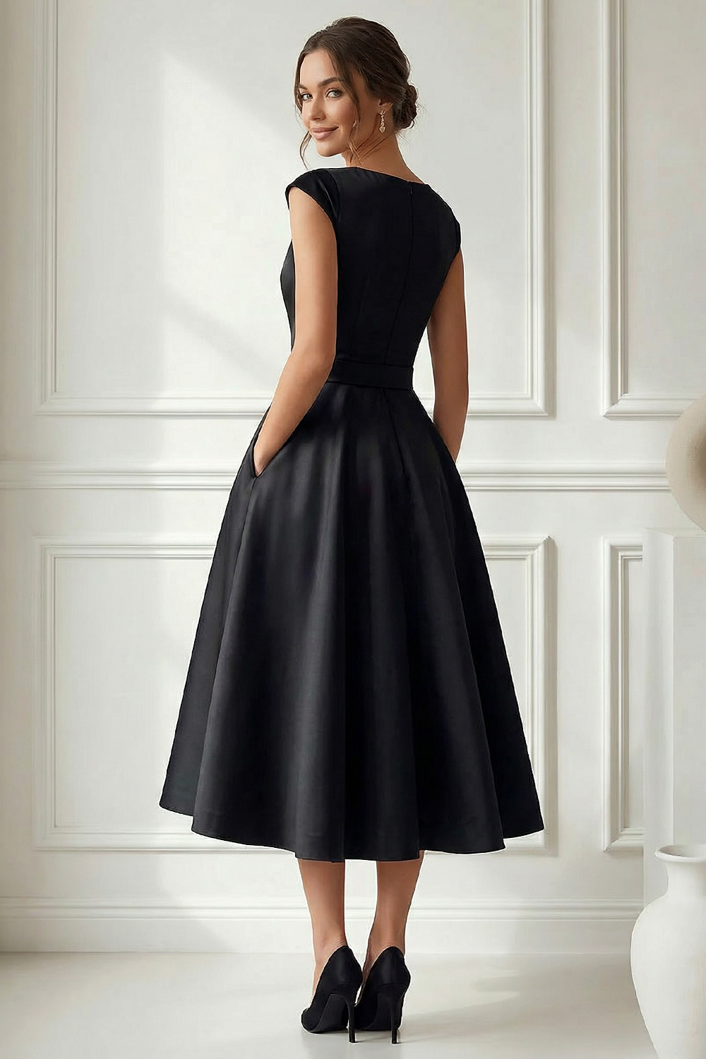 Black Satin Fit-and-Flare Midi Dress with Waist Bow and Side Pockets