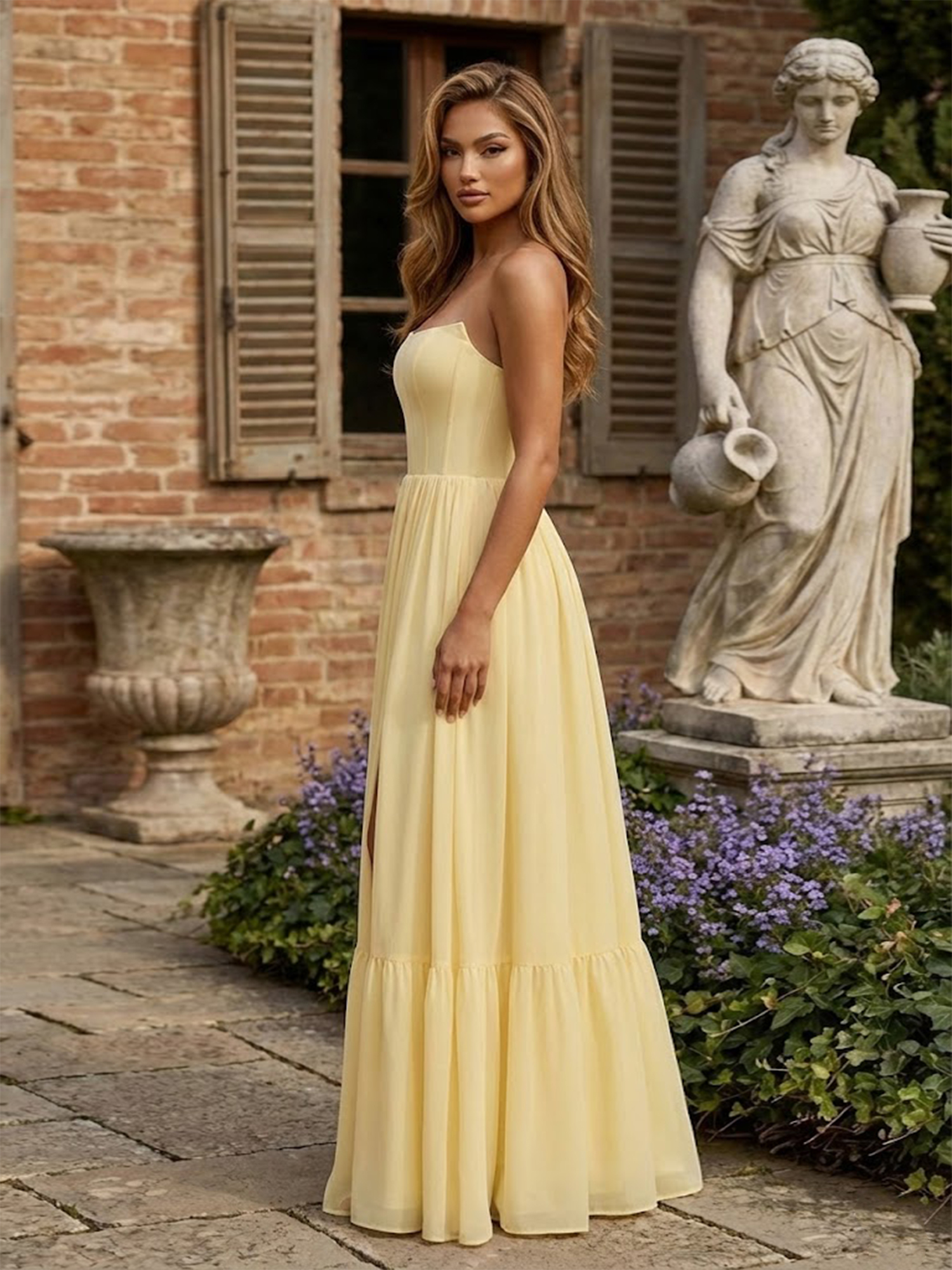 Strapless Yellow Prom Dresses High Slit A Line Evening Party Dress