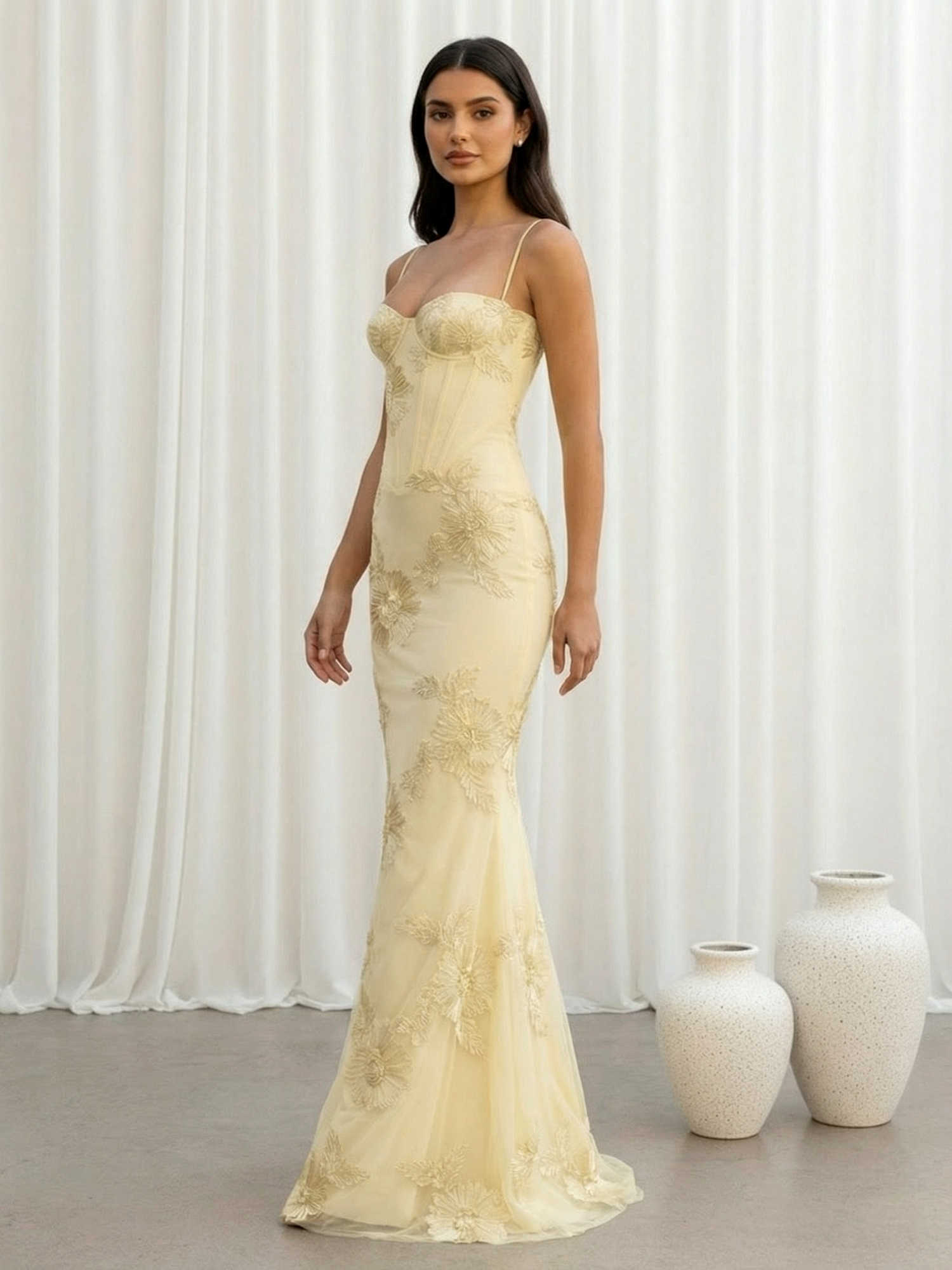 Yellow 3D Flower Sweetheart Mermaid Satin Prom Dress 