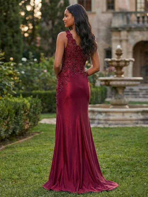 Burgundy One Shoulder Applique Mermaid Slit Prom Gowns with 3D Flower
