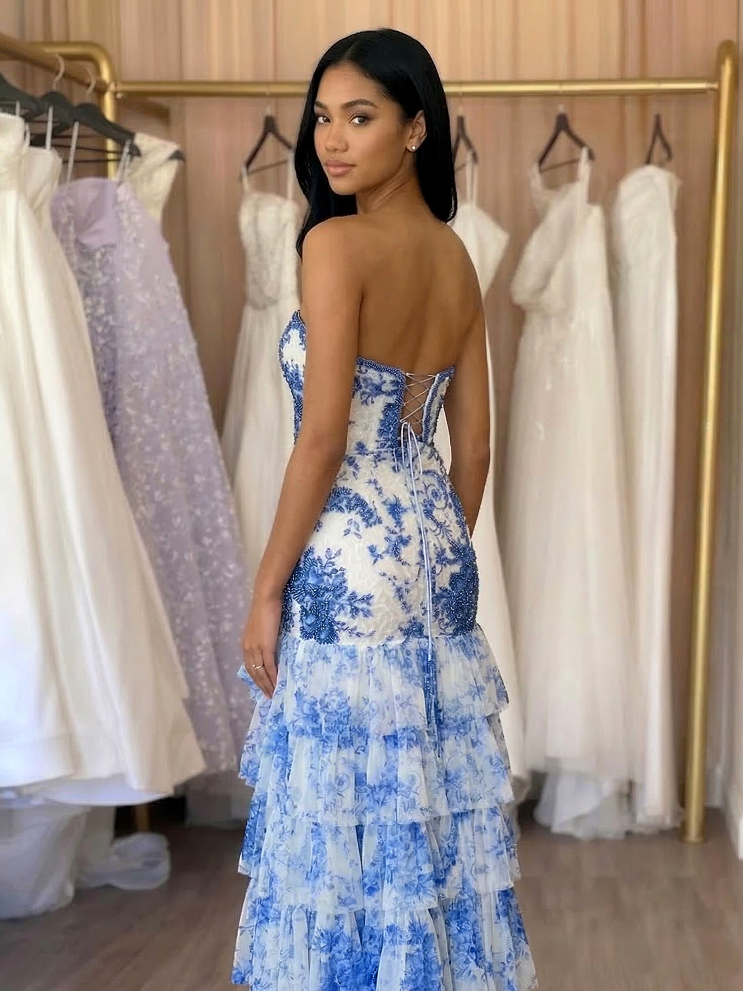 Blue Mermaid 3D Print Flower Chiffon Prom Gowns with Slit