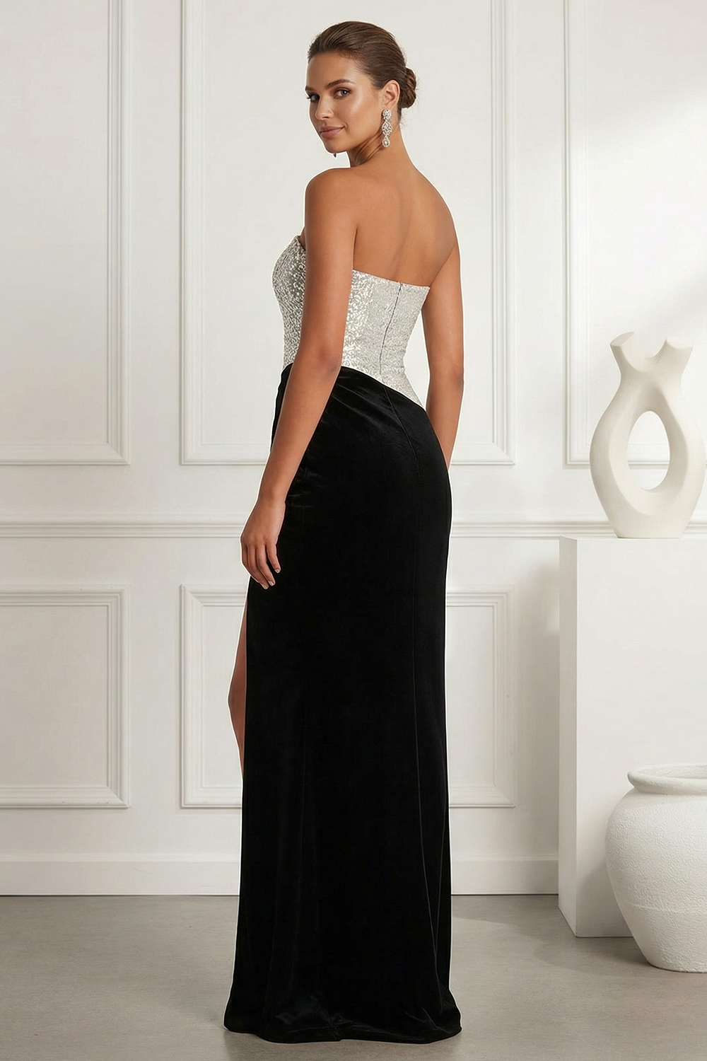 Black Velvet Sheath Evening Gown with Silver Sequin Strapless Bodice and High Slit
