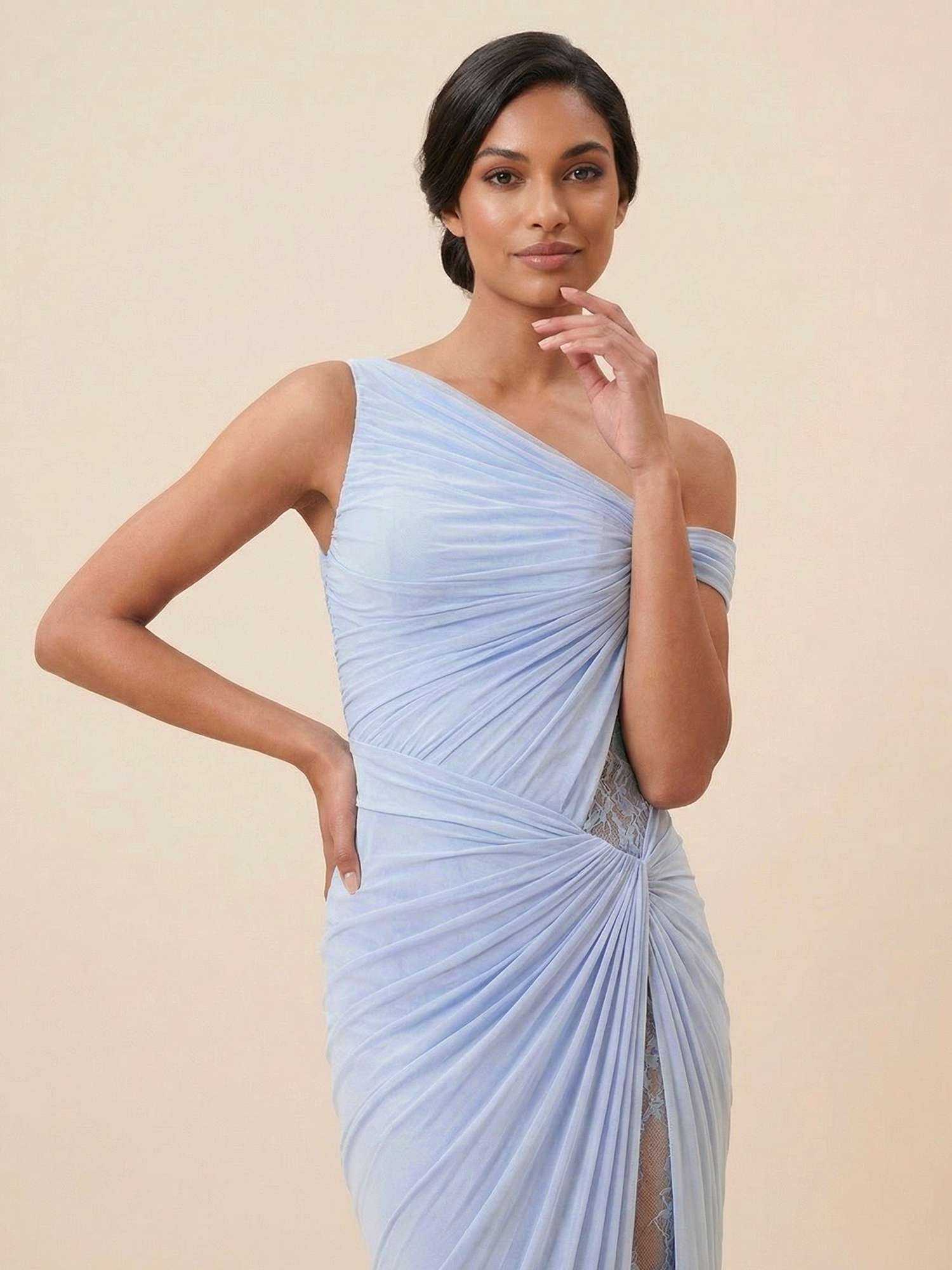 Dusty Blue One-Shoulder Ruched Mesh Gown with Lace Slit