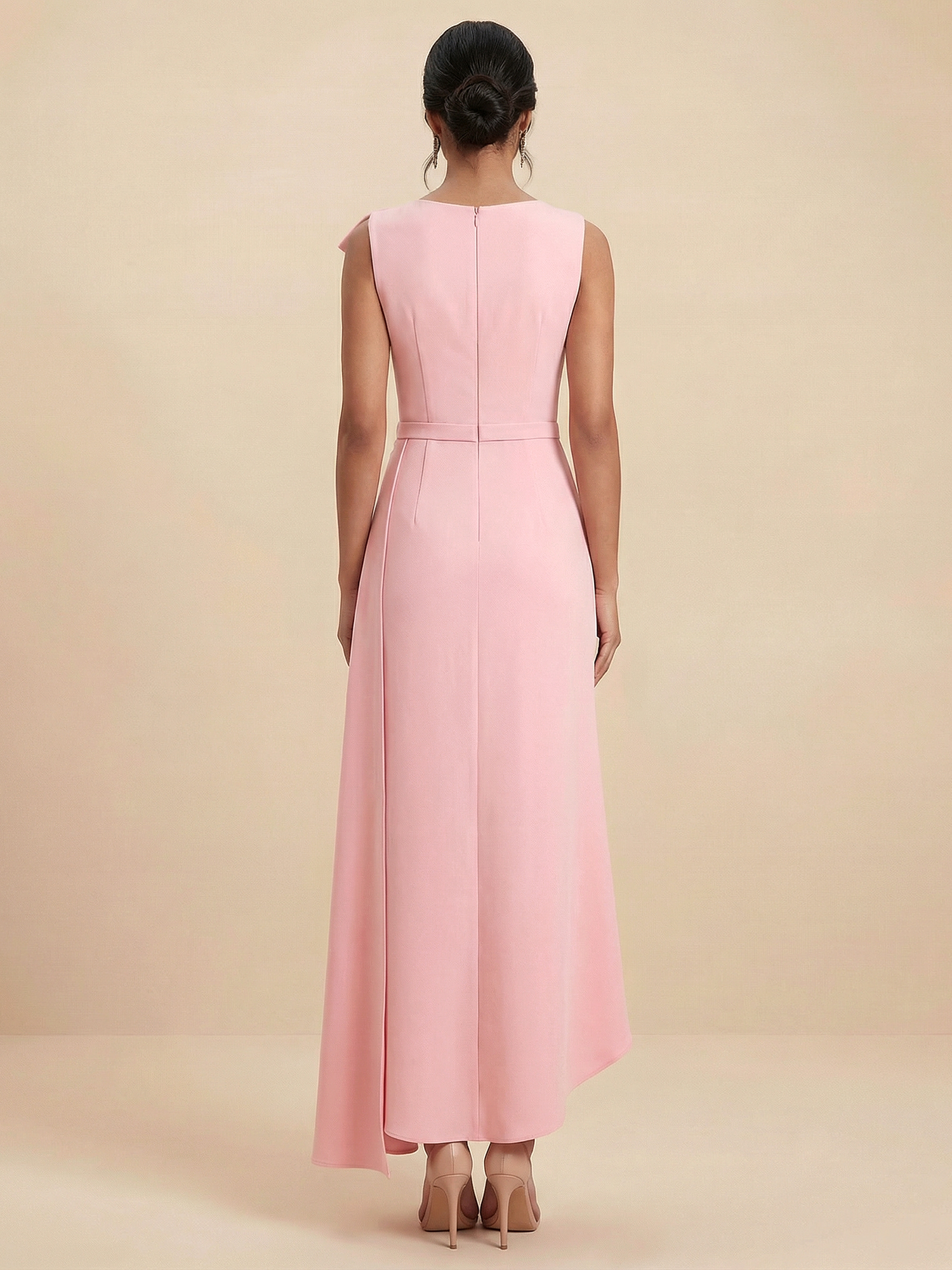 Blush Pink Bow Detail Asymmetrical Hem Midi Dress