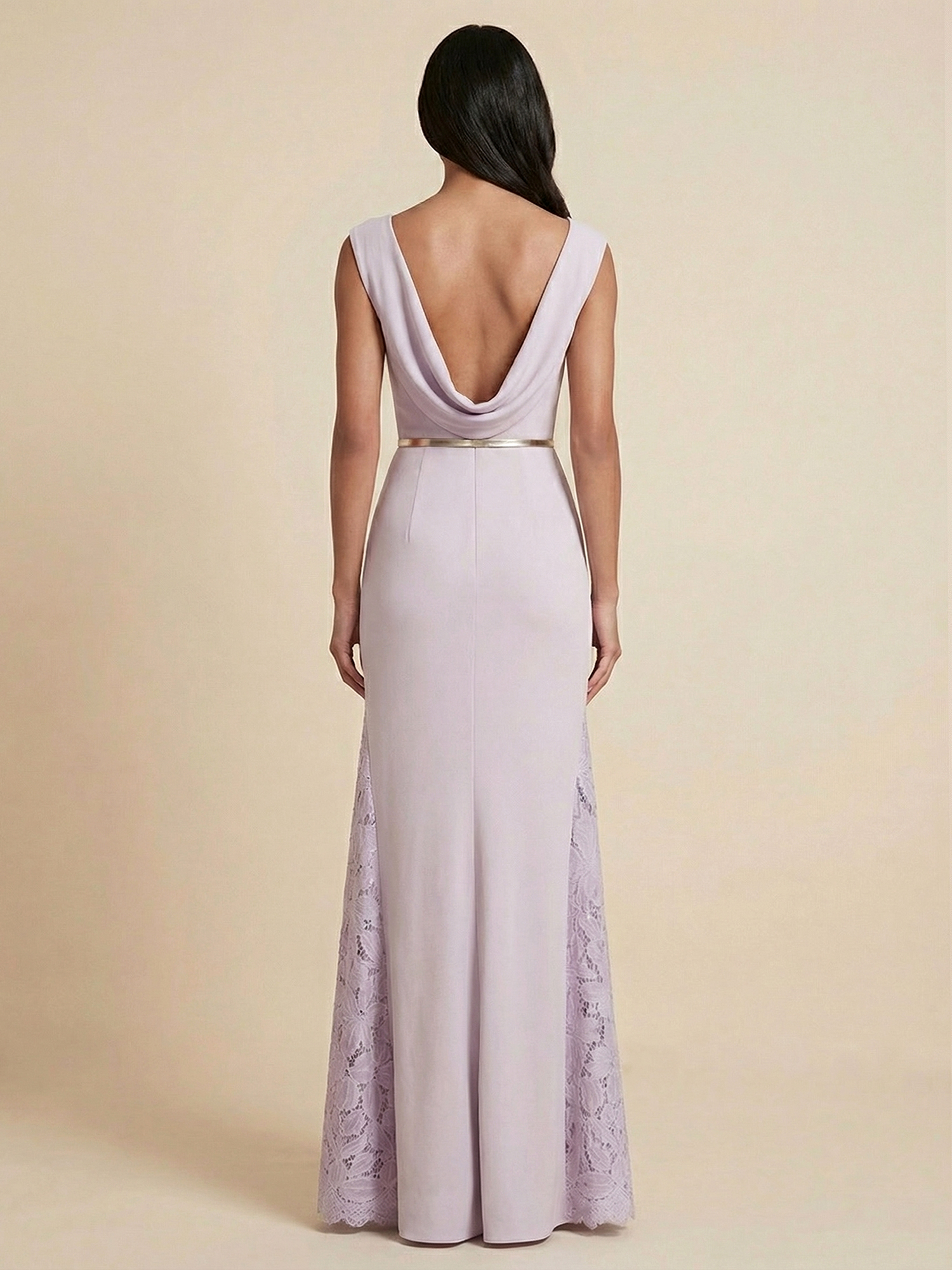 Lavender Cowl Neck Mermaid Gown with Lace Side Panels