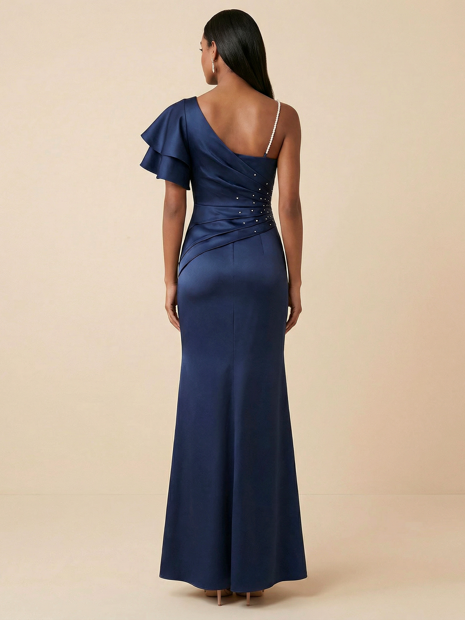 Navy One-Shoulder Satin Mermaid Gown with Pearl Strap & Beaded Waist
