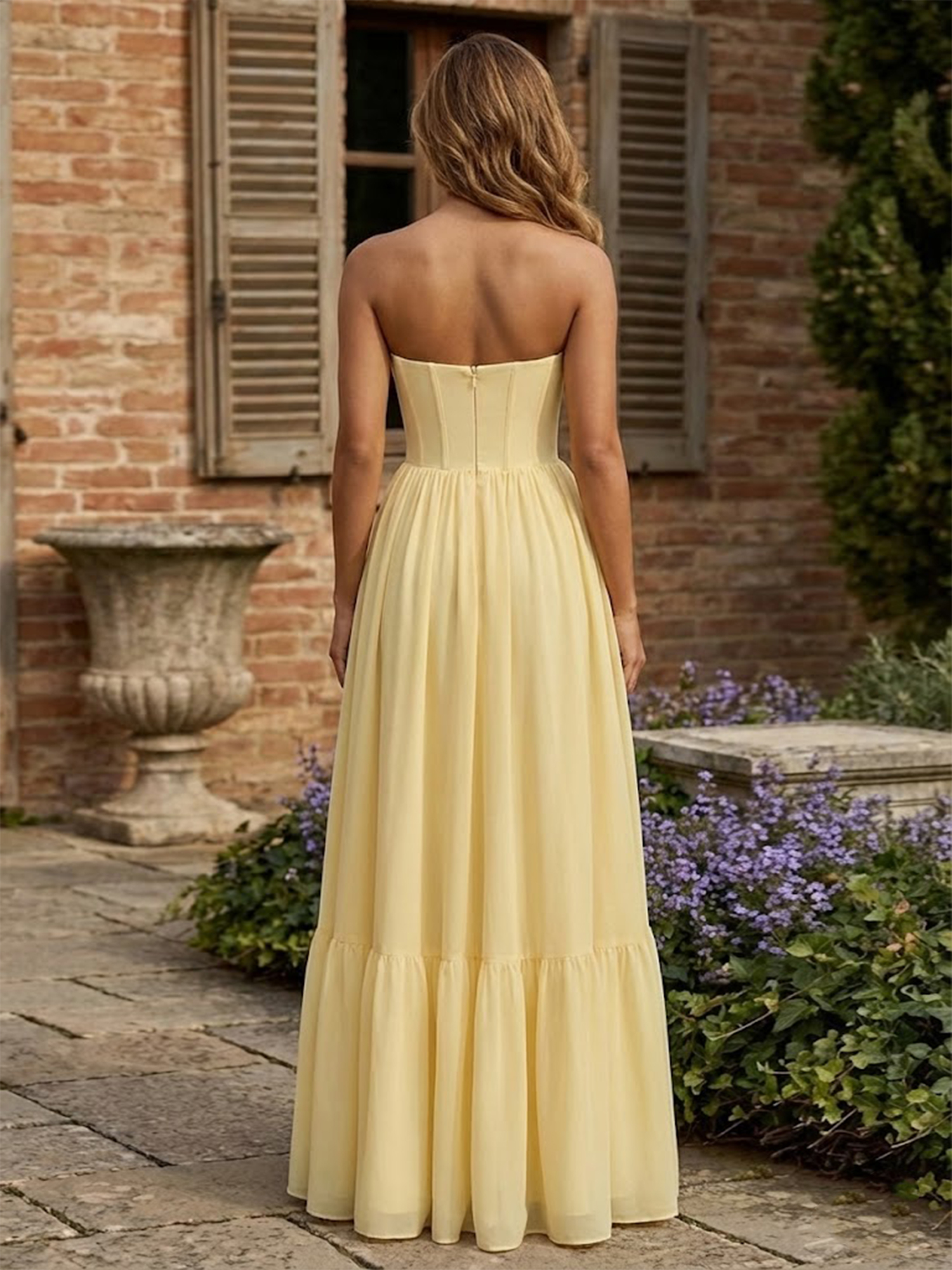 Strapless Yellow Prom Dresses High Slit A Line Evening Party Dress