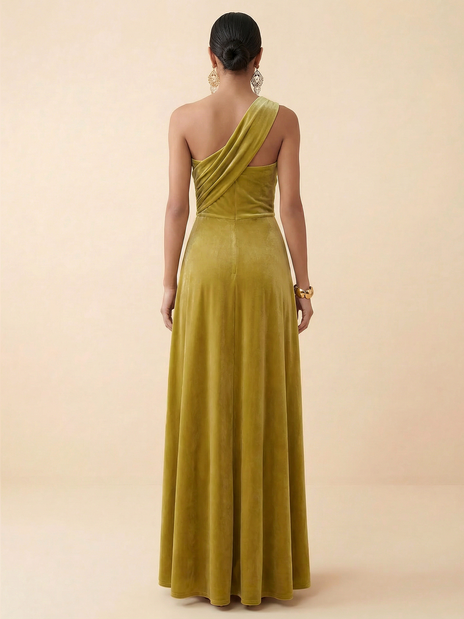 Chartreuse Velvet One-Shoulder A-Line Maxi Gown