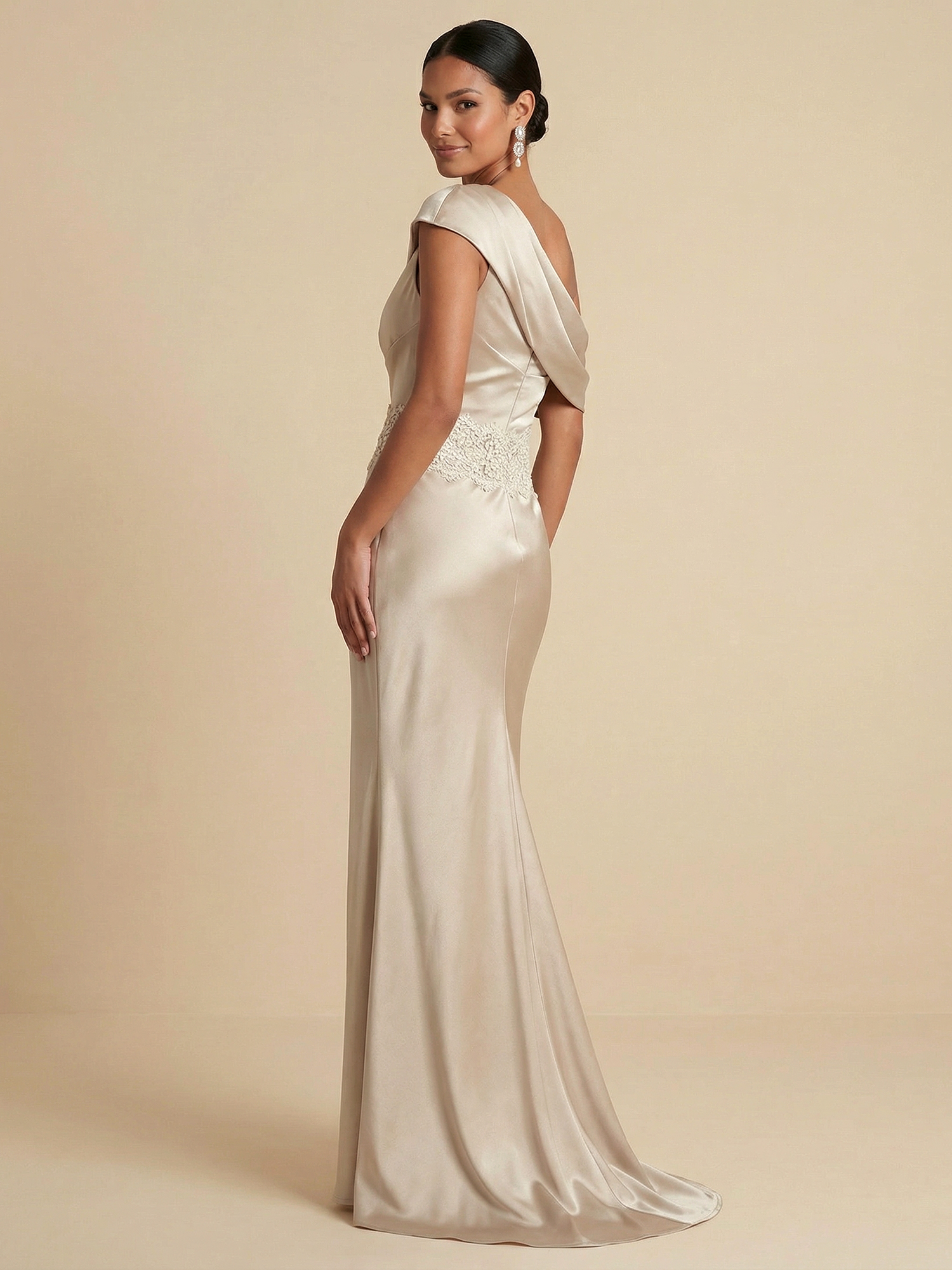 Champagne Satin One-Shoulder Mermaid Gown with Beaded Waist
