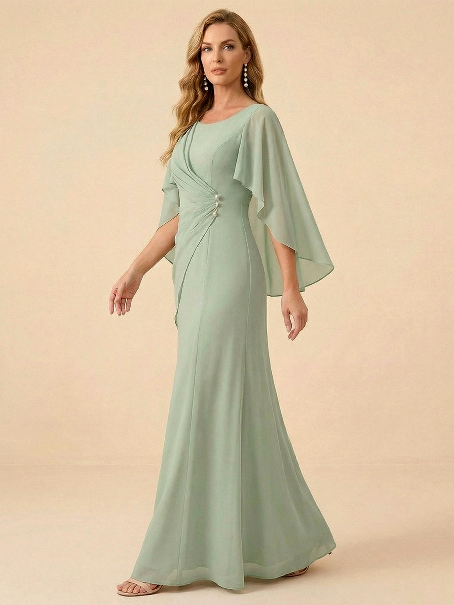 Sage Green Chiffon Cape Sleeve Mother of the Bride Gown