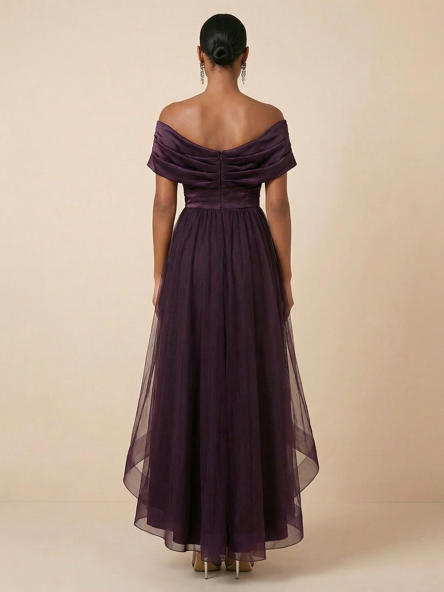Plum Off-the-Shoulder Satin & Tulle High-Low A-Line Gown
