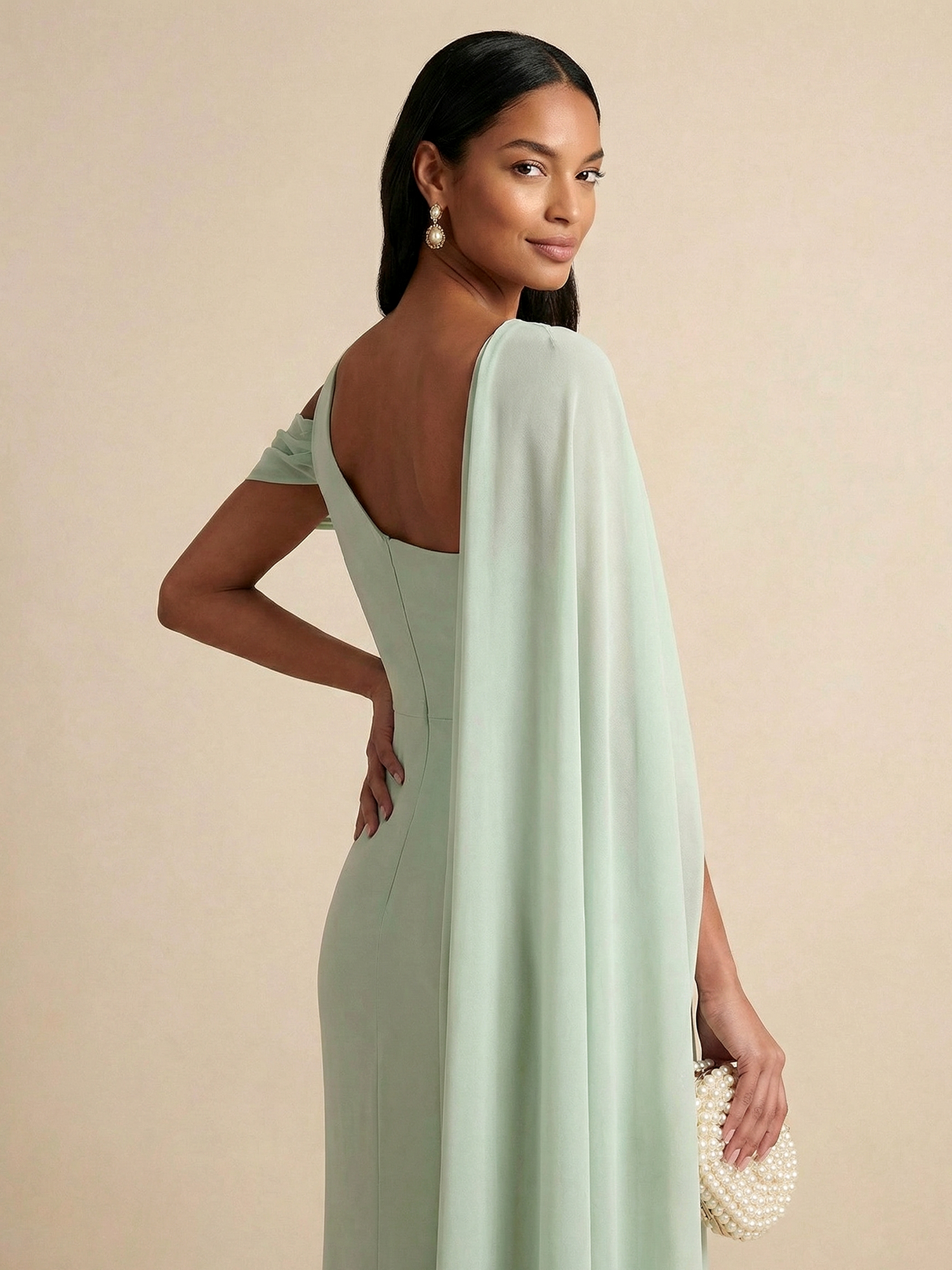 Sage Green Asymmetrical Cape Sleeve Chiffon Sheath Gown