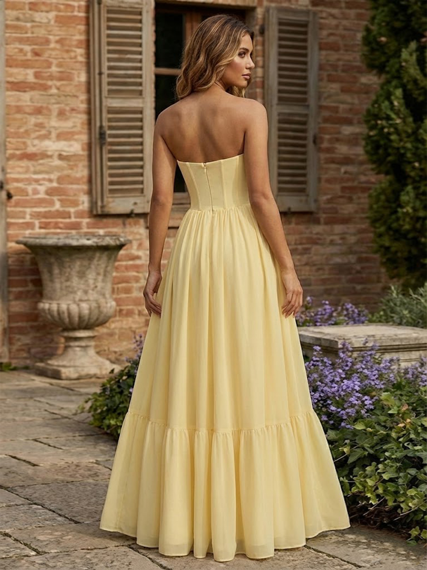 Strapless Yellow Prom Dresses High Slit A Line Evening Party Dress