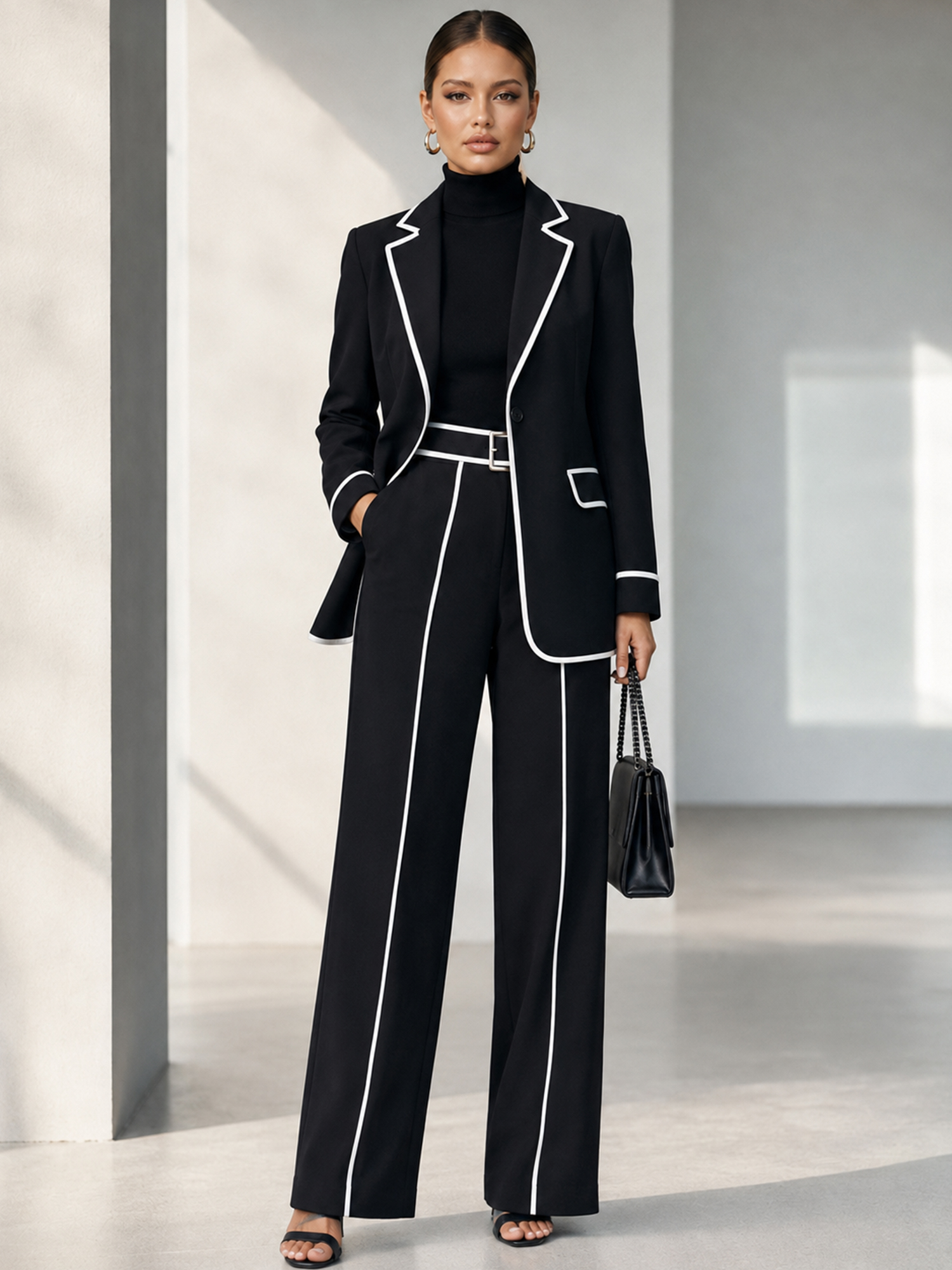 Black Slim‑fit Blazer And Wide‑leg Pants 2‑Piece Suit