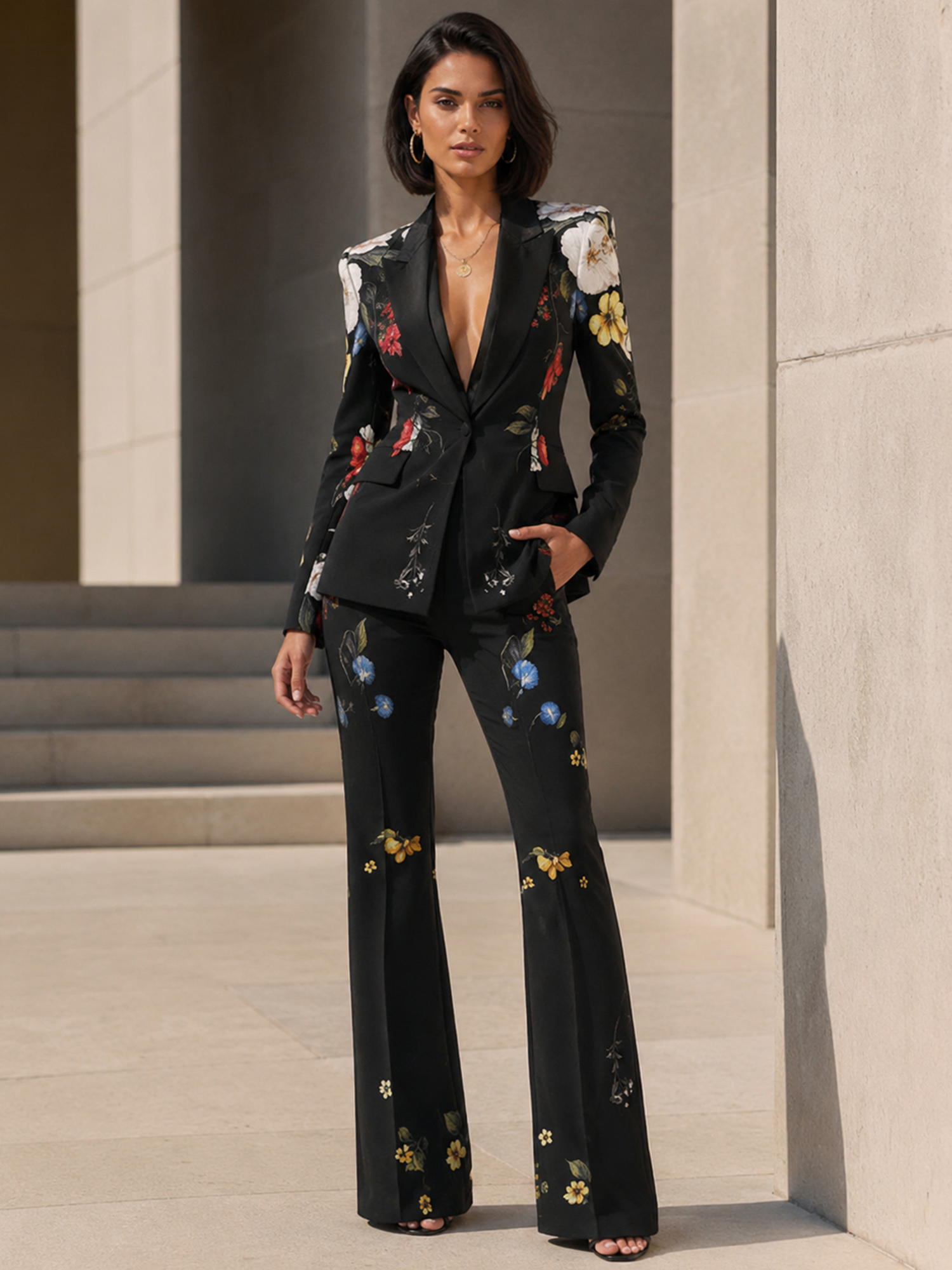 Black Floral‑print Slim‑fit Blazer And Flared Pants 2‑Piece Suit