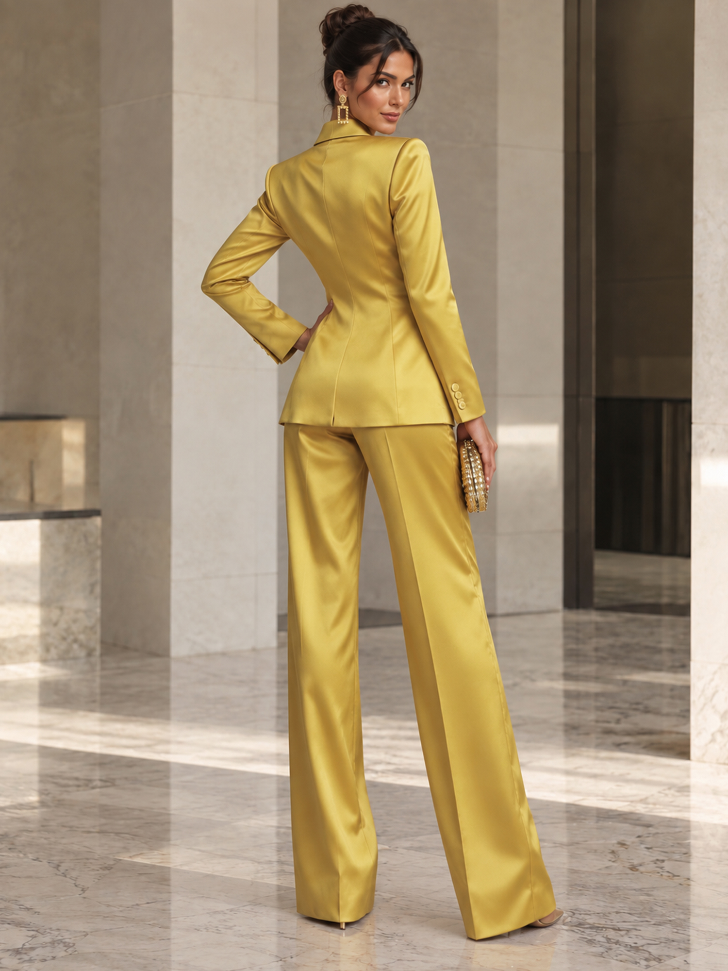 Gold Satin Rhinestone‑Trim Blazer And Wide‑leg Pants 2‑Piece Suit