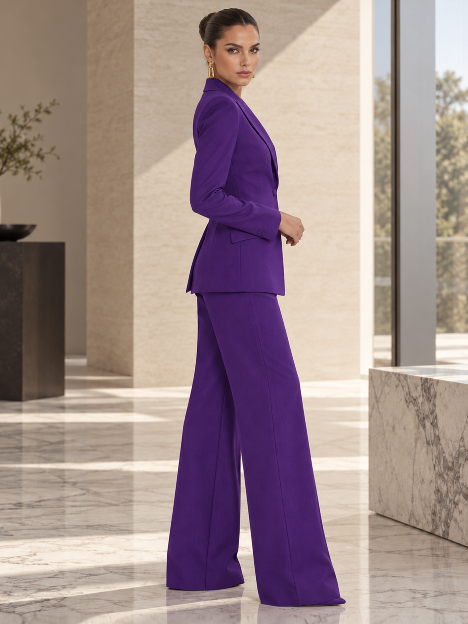 Purple Solid‑color Single‑button Blazer And Wide‑leg Pants 2‑Piece Suit