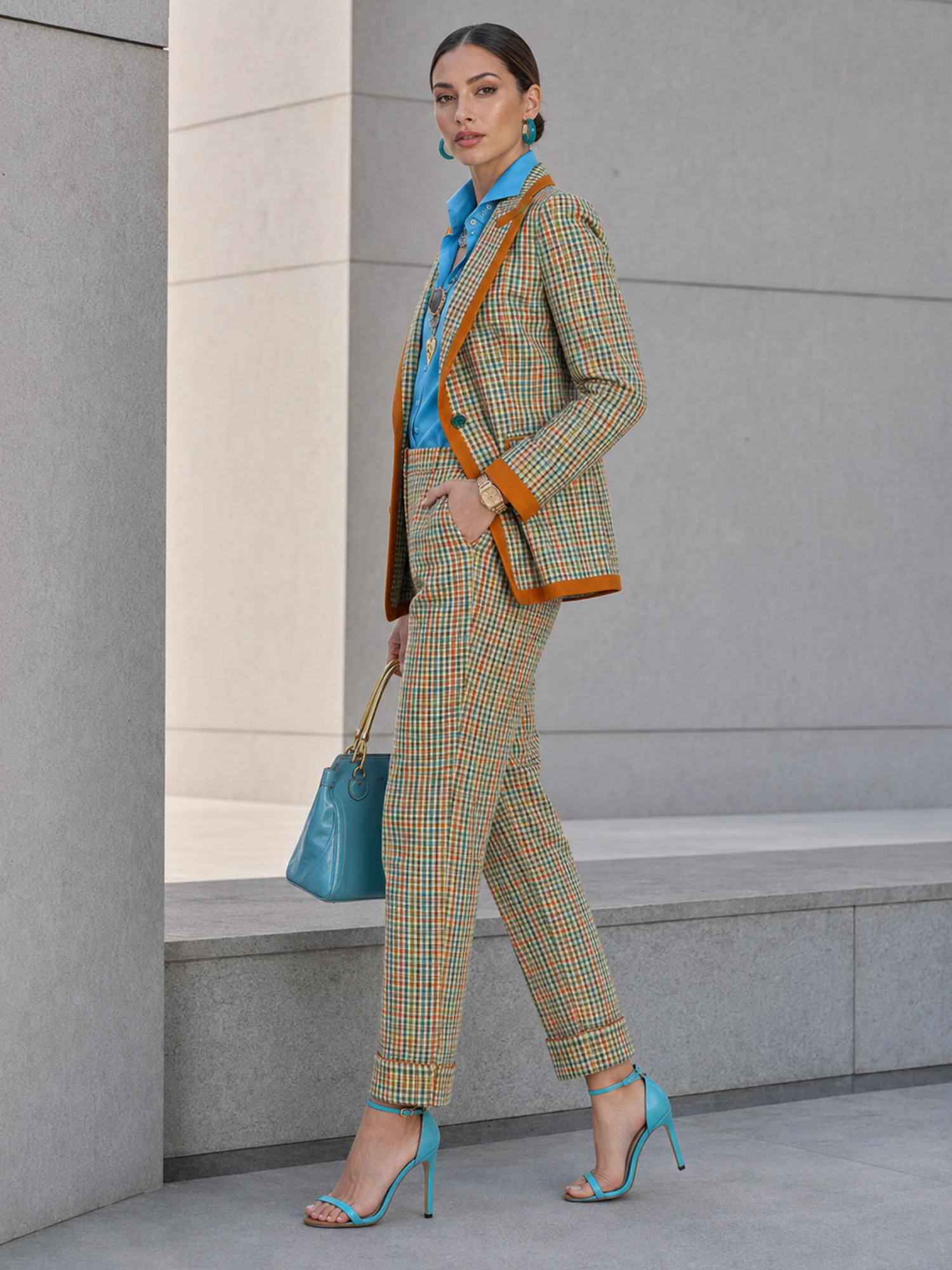 Colorful Plaid Contrast‑Trim Blazer And Cropped Cuffed Pants 2‑Piece Suit