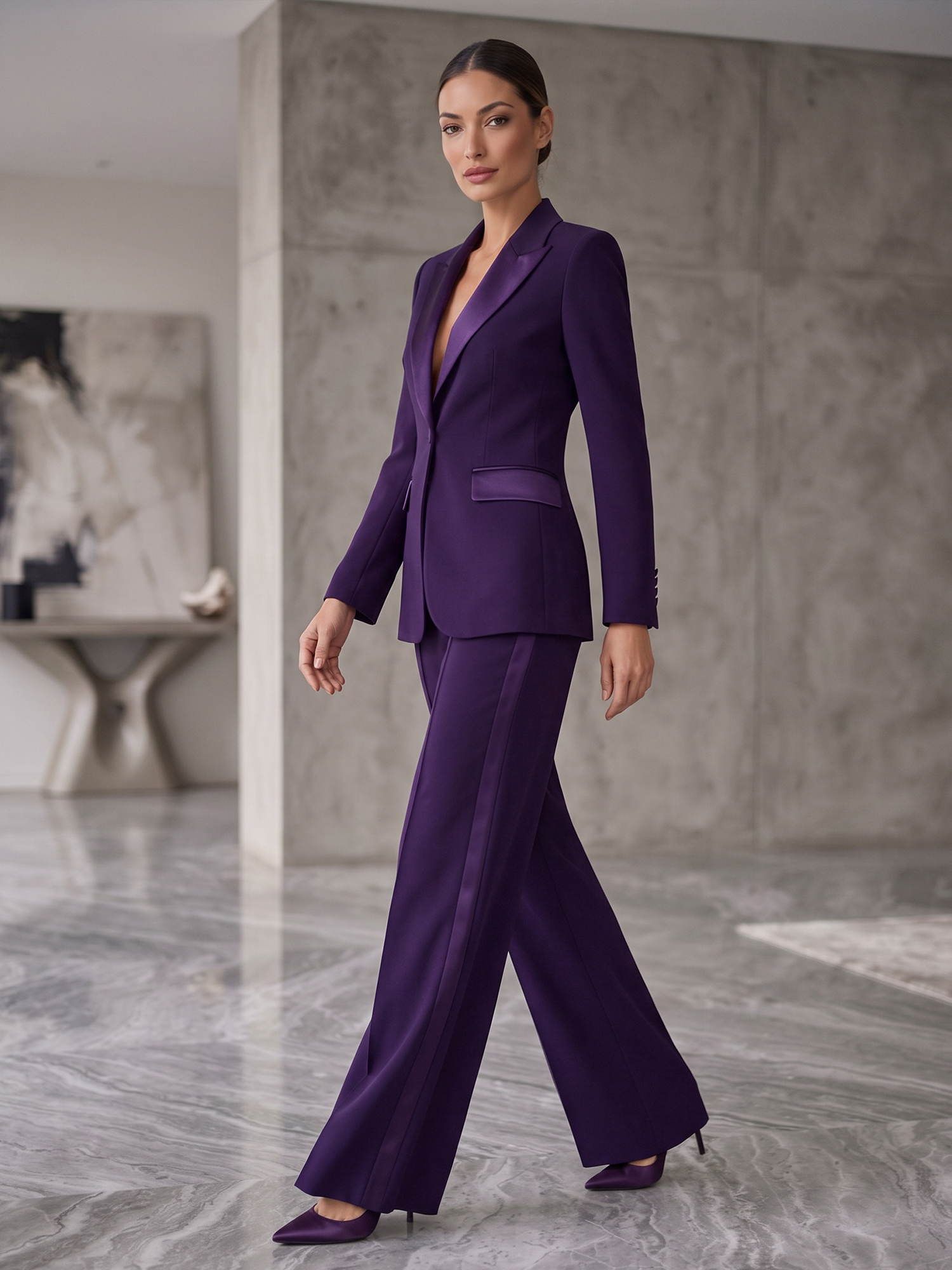 Deep Purple Satin Lapel Single‑Button Blazer & Side‑Stripe Wide‑Leg Pants 2‑Piece Suit