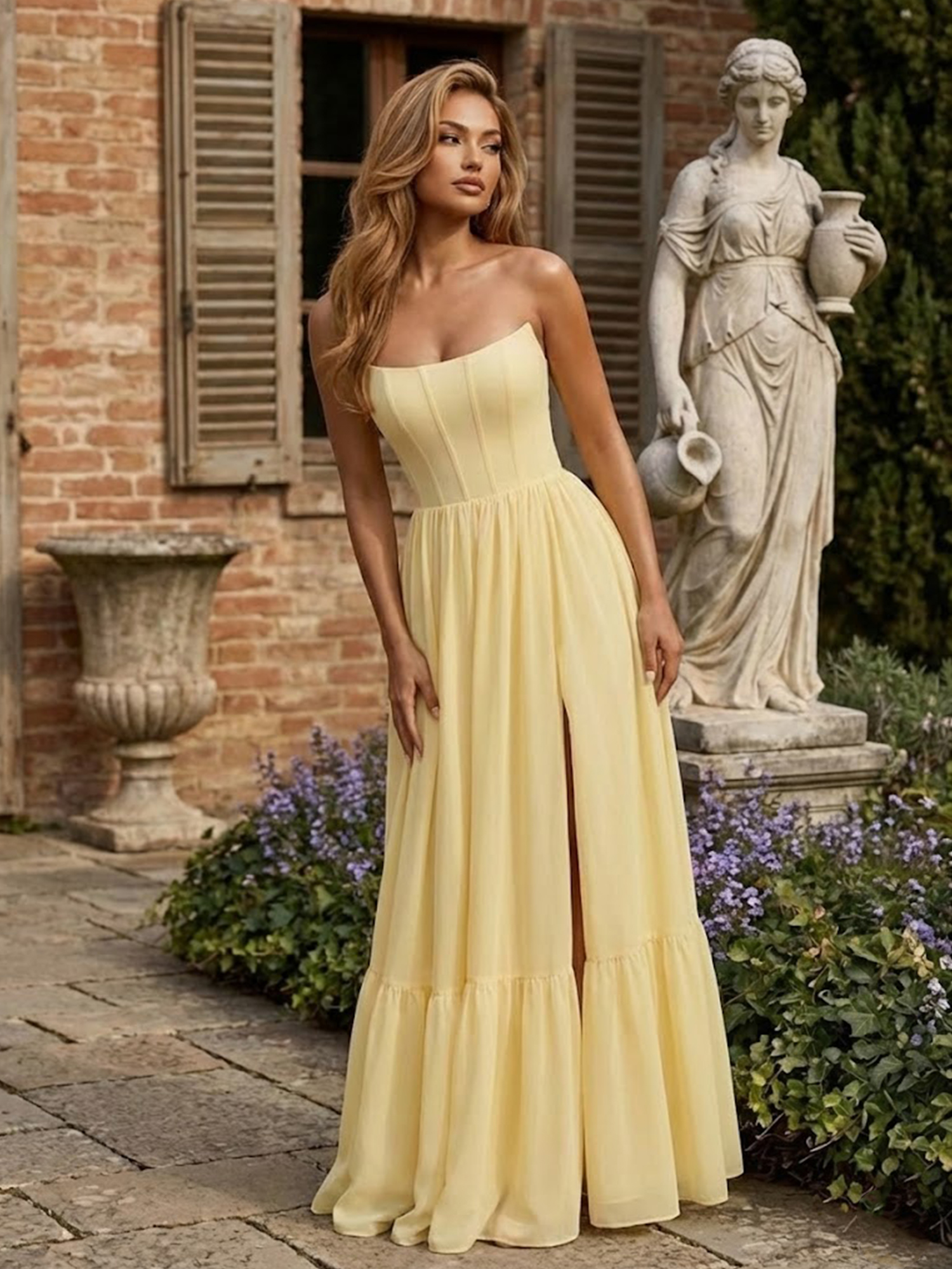 Strapless Yellow Prom Dresses High Slit A Line Evening Party Dress