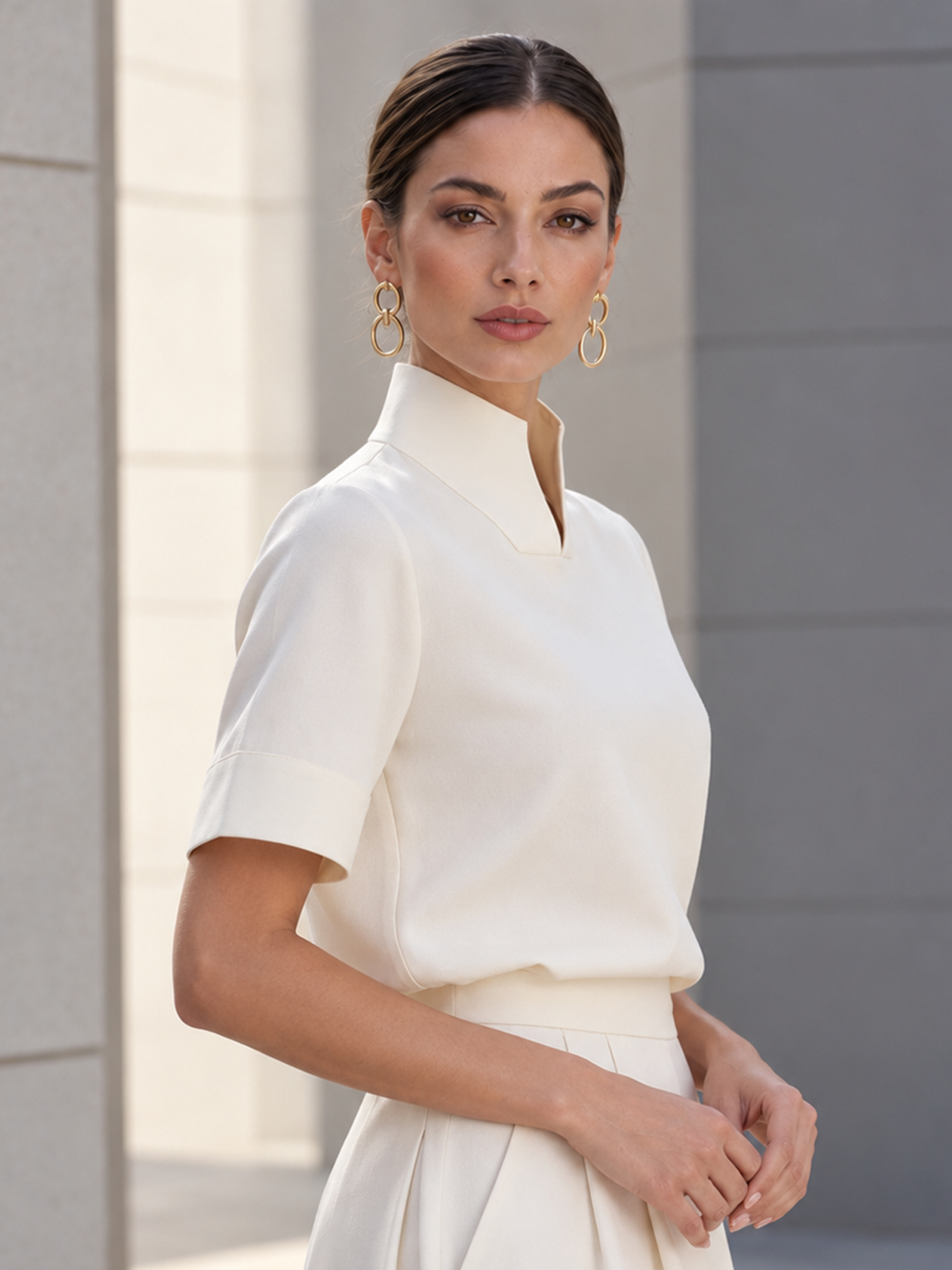 Stand‑Collar Split V Neck Short Sleeve Blouse French Minimalist Work Top for Women