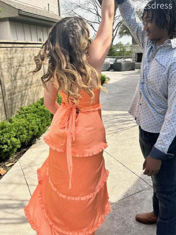 Simple Orange Square Straps Decorative Lace Side Slit A-line Wedding Guest Dress,Prom Dress