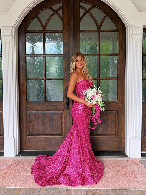 Pink Sparky Sequins Spaghetti Straps Mermaid Prom Dress 