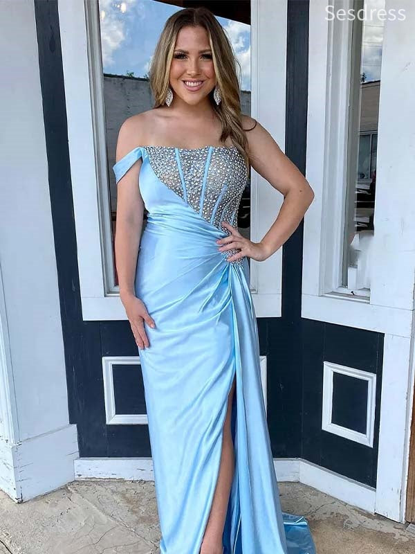Gorgeous Beading Off the Shoulder Strapless Side Slit Mermaid Long Evening Dress,Prom Dress