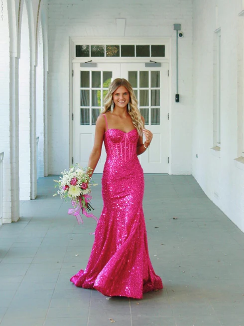 Pink Sparky Sequins Spaghetti Straps Mermaid Prom Dress 
