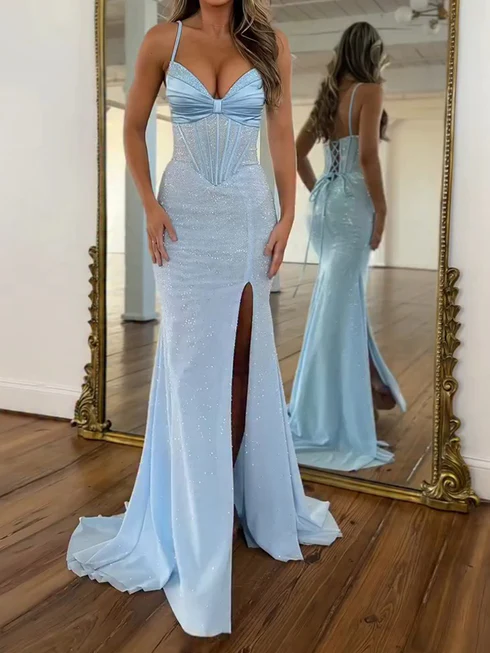 Light Blue Sparky Sequins Spaghetti Straps V Neck Mermaid Prom Dress 