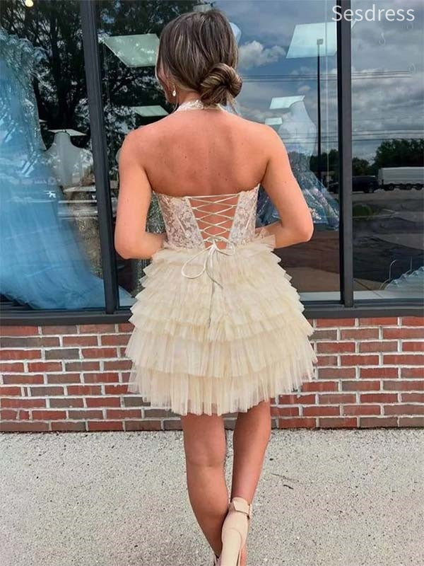 Sparkly Lace Appliques V-neck Halter A-line Short Mini Dress Homecoming Dress