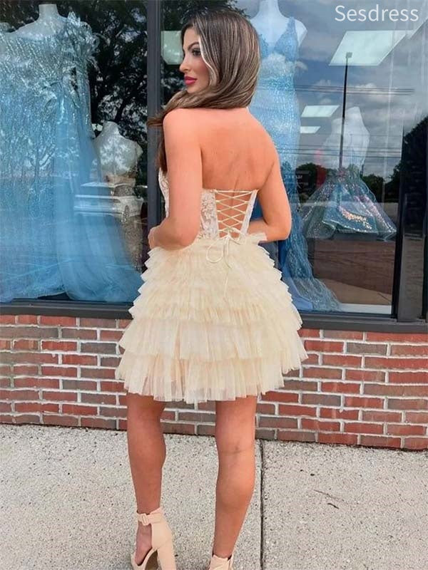 Sparkly Lace Appliques V-neck Halter A-line Short Mini Dress Homecoming Dress