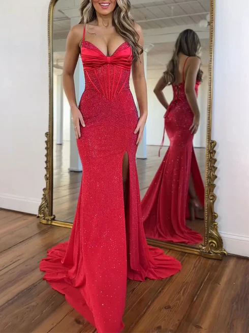 Light Blue Sparky Sequins Spaghetti Straps V Neck Mermaid Prom Dress 