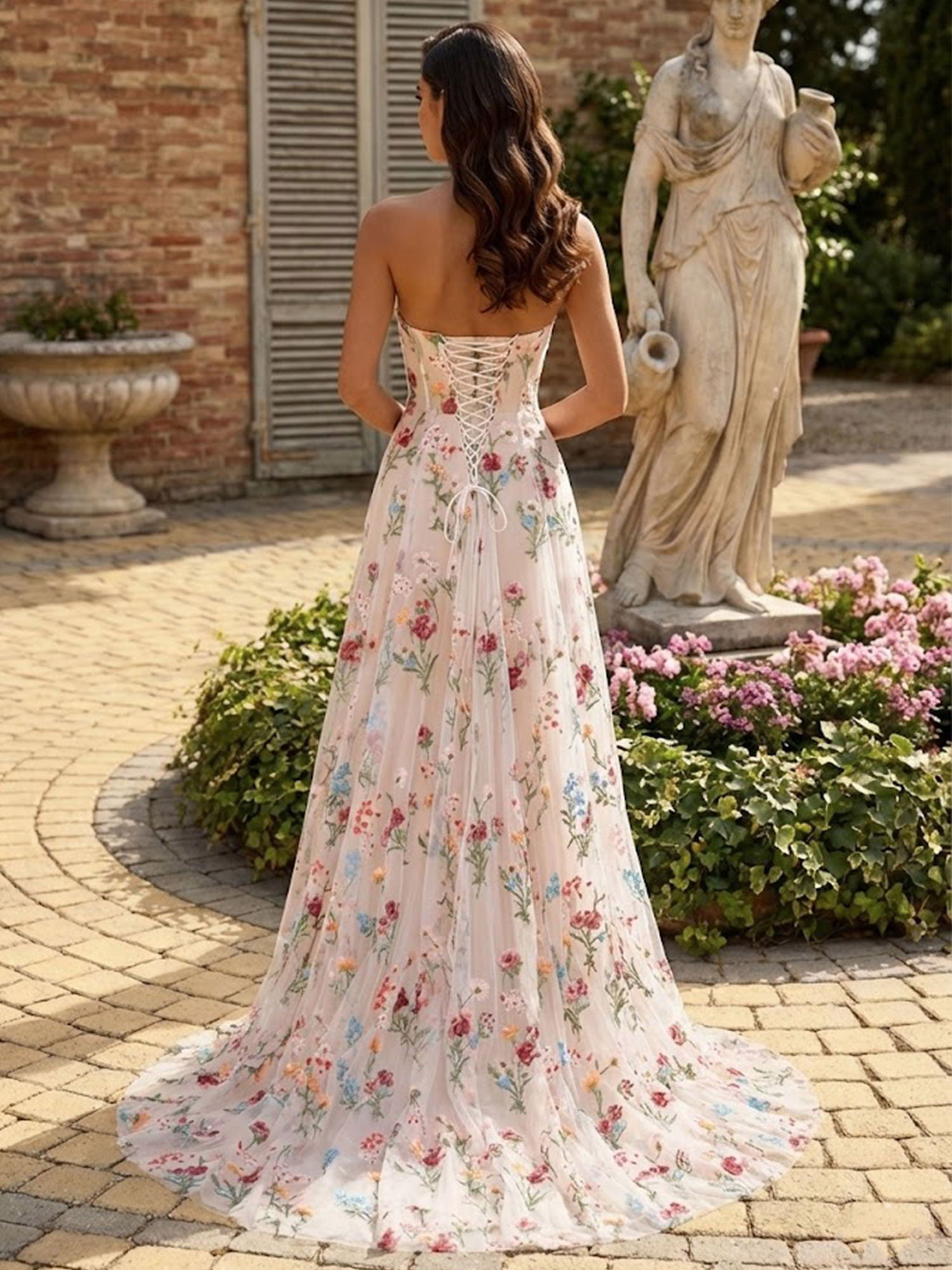 Strapless Floral A Line Prom Dresses for Teens Backless Spring Wedding Guest Dress