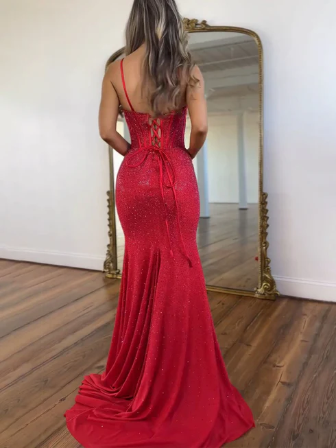 Light Blue Sparky Sequins Spaghetti Straps V Neck Mermaid Prom Dress 